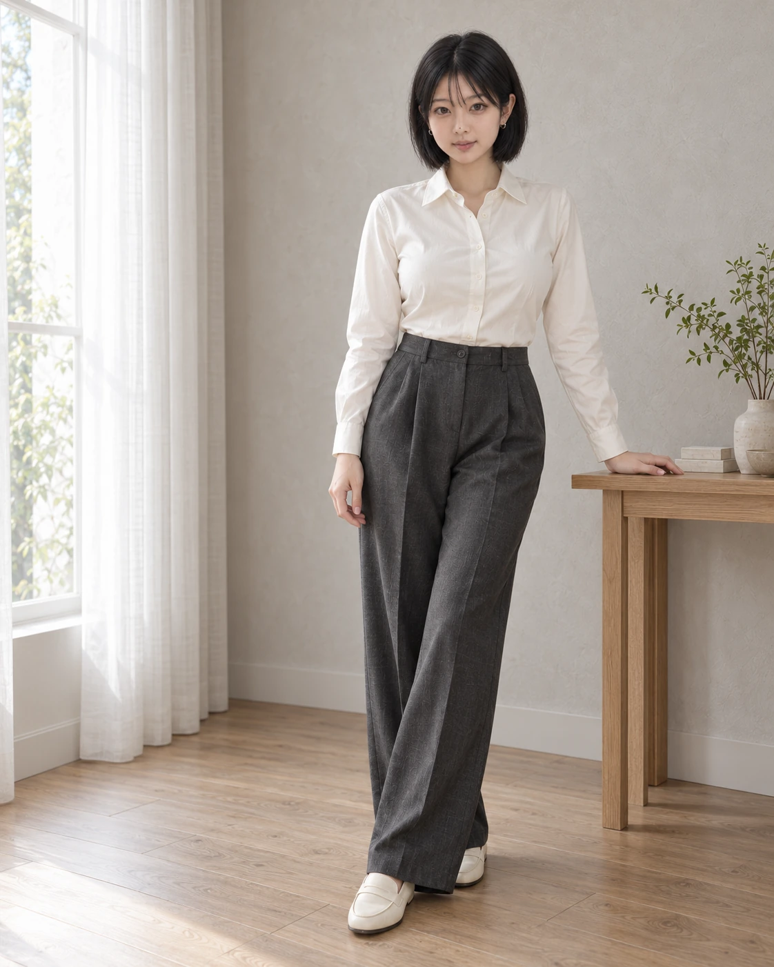 차서아 스튜디오 · 아이보리 셔츠와 차콜 슬랙스