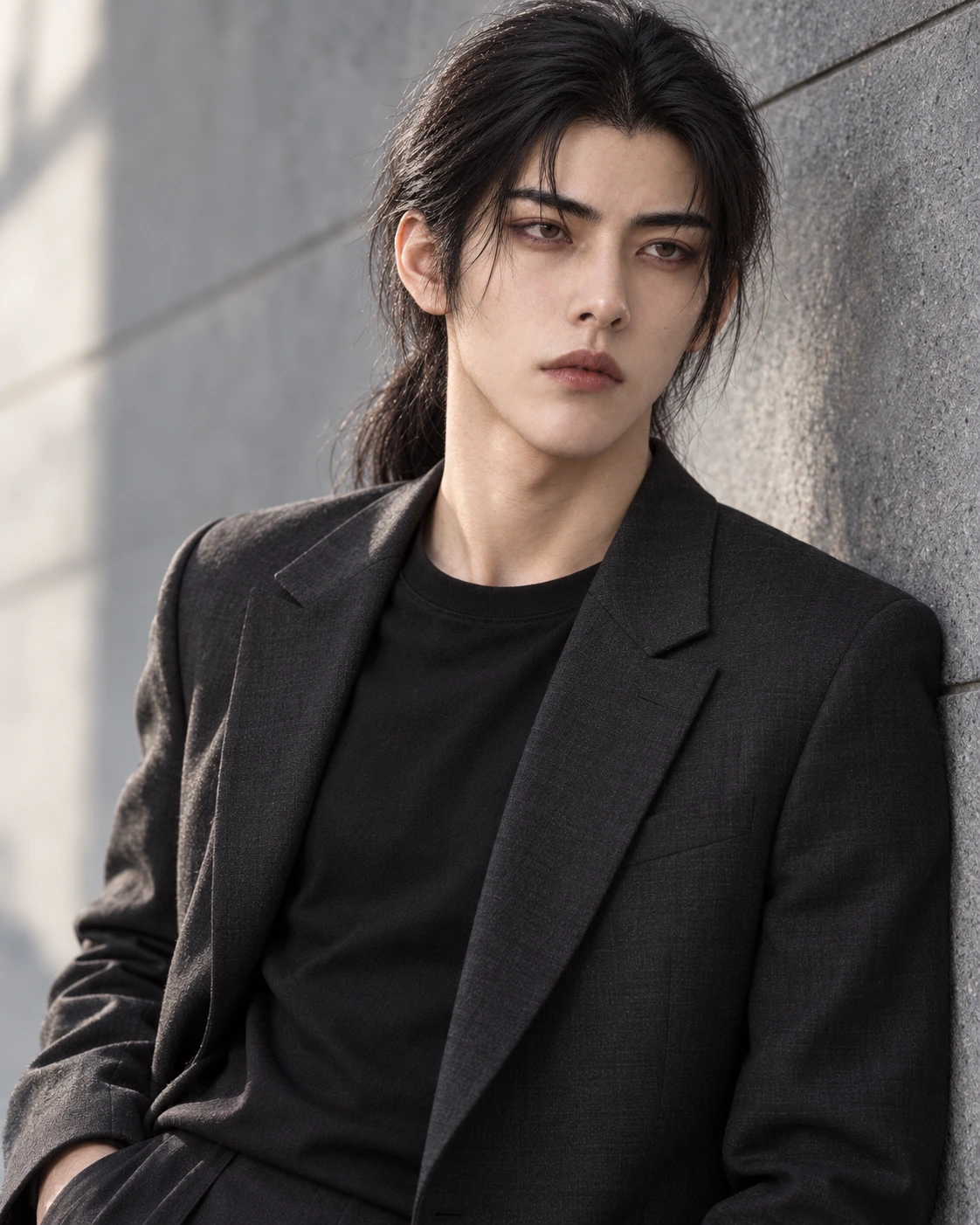 마태오 · 블랙 재킷 · 석재 벽